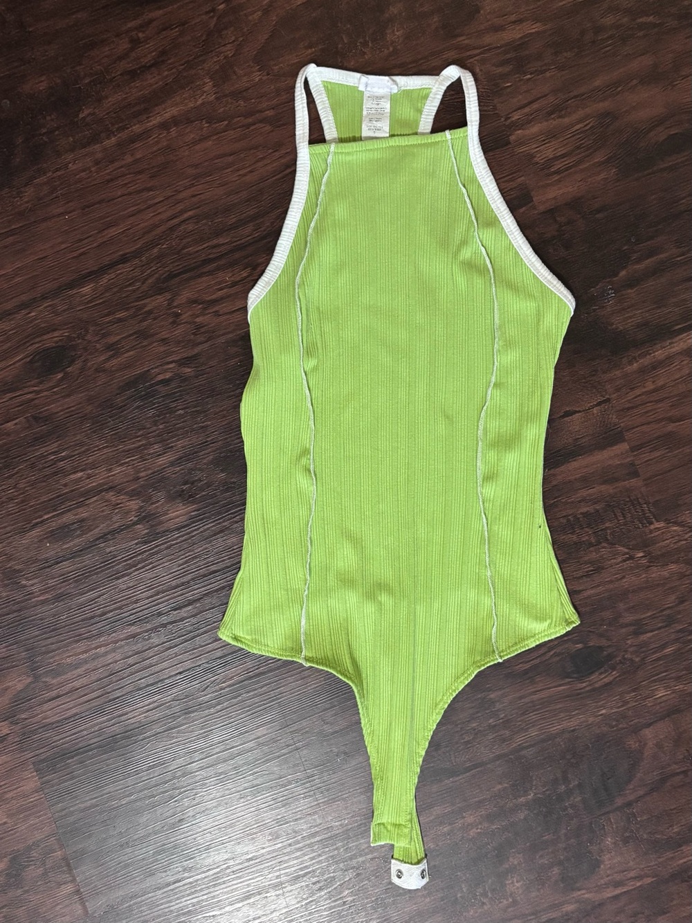 Le Lis Lime Ribbed Halter One-Piece Bodysuit with White Trim on